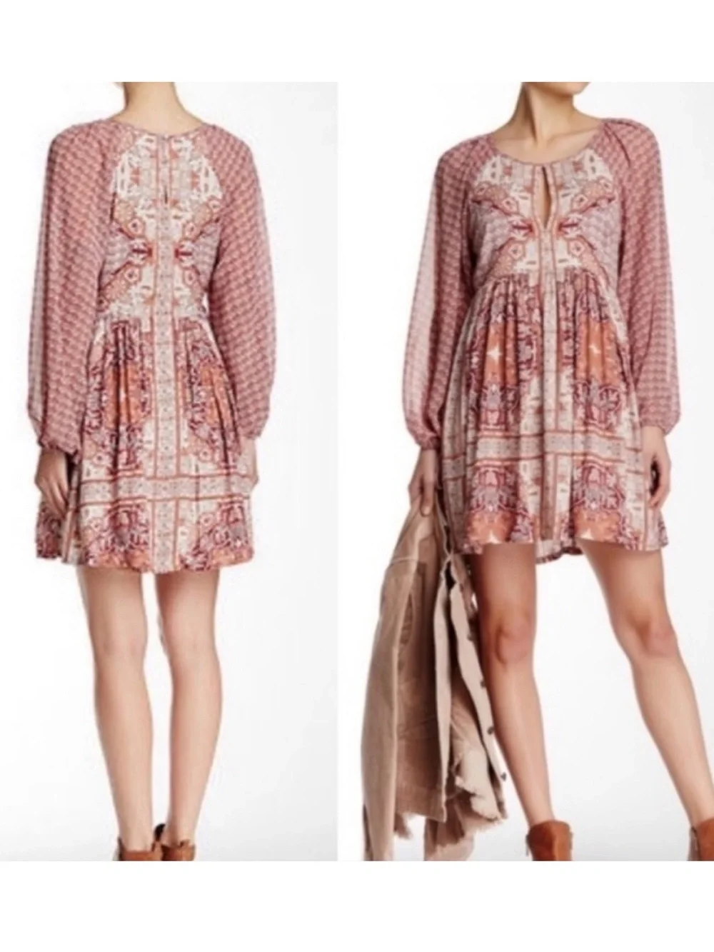 Free People Oksana Mini Dress Boho Paisley Pink Print Long Sleeve Size 6